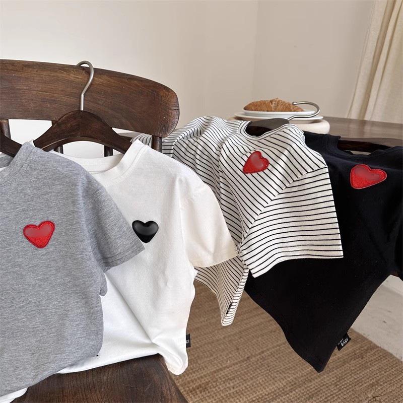 Ice Silk Cotton Striped Heart Short Sleeve Baby Top - Unisex Summer 2025