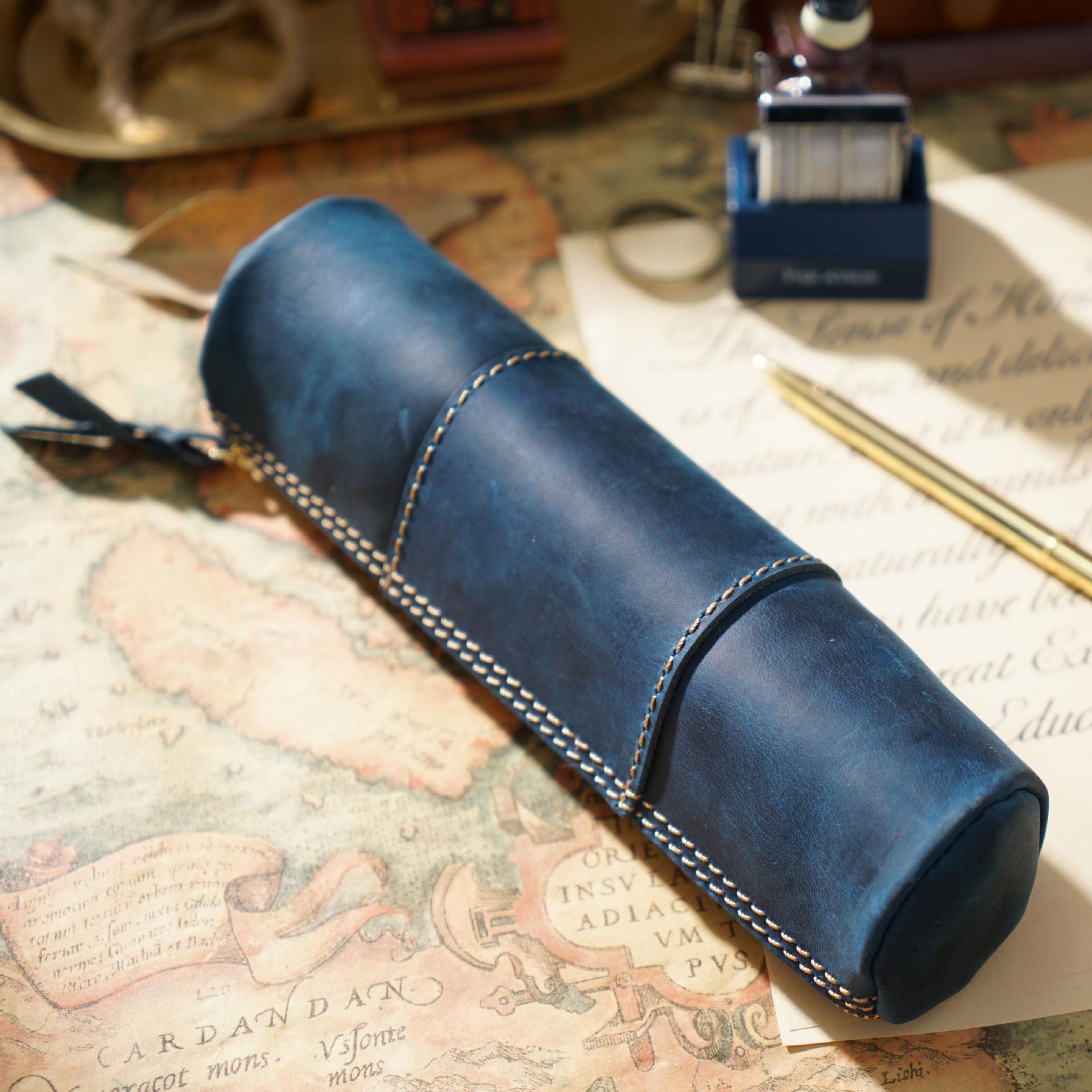 

2026 Retro Leather Stationery Pencil Bag First Layer Cowhide Mad Horse Leather Handmade Change Bag Student Storage Bag Zipper 20.5*5.2CM