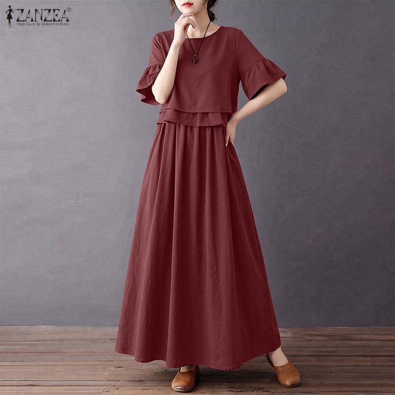 ZANZEA Women Elegant Round Neck Loose Casual Half Sleeve Dress