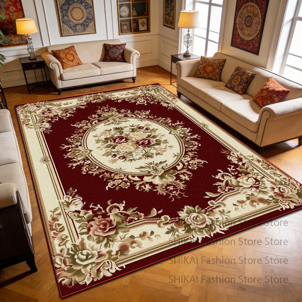 Red European Luxury Flower Pattern Courtyard Carpet Decoration Living Room Non-slip Soft Rug Easy Clean Lint-free Big Floor Mats