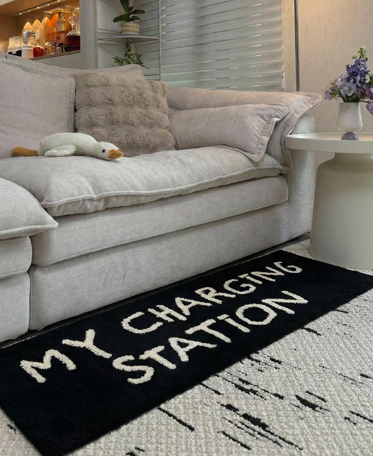 Long Tufting Letters Bedroom Rug Soft Black White Mat Corridor Carpet Kids Bedside Floor Foot Pad Aesthetic Home Room Decor
