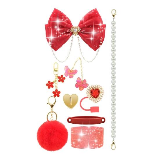 1 Set Tassenhülle Funkelnde Strasssteine Schleife Plüschball Dekoration Kunstperlen Lanyard Tassenzubehör mit Silikonboden-Schutz