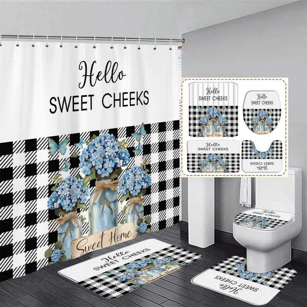 Tulip Flower Basket Rustic Wood Panel Shower Curtain And Rug Bathroom Set Home Washable Hanging Curtain Bath Mats Bathroom Decor