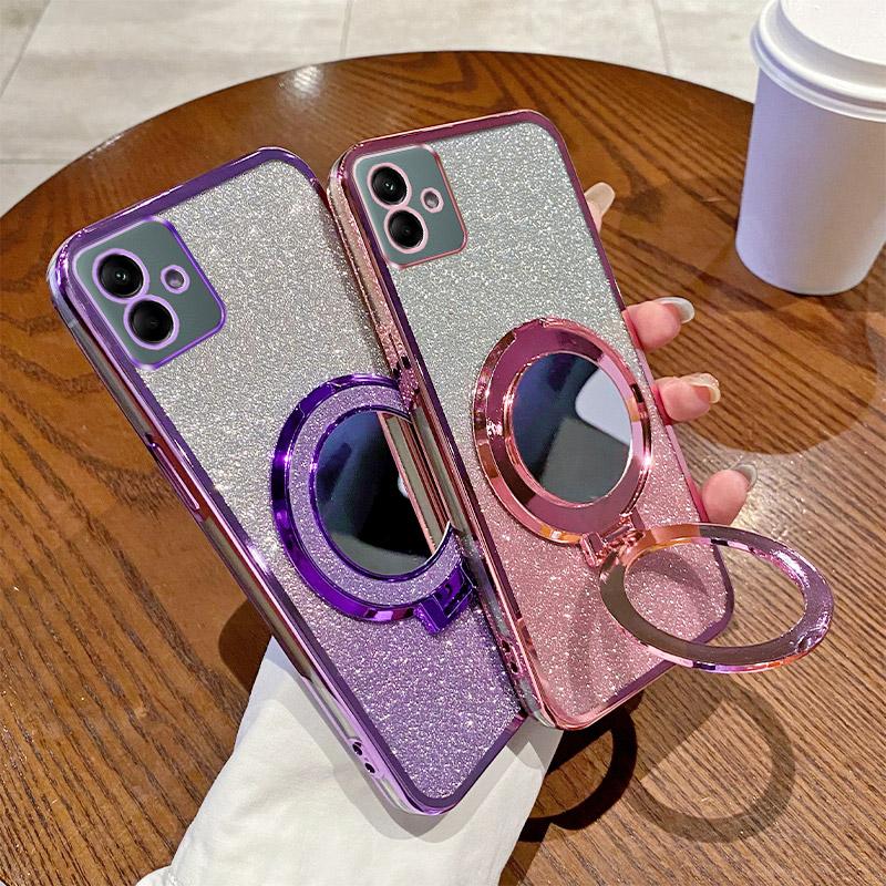 For Samsung A04 Luxury Electroplated Glitter Mirror Phone Case For Samsung Galaxy A04S Shockproof Magnetic Stand Cover A04E Case