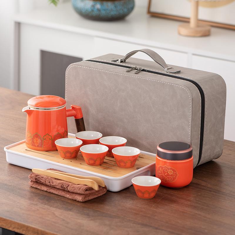 High-end Leather Bag Travel Kung Fu Tea Set Ceramic One Pot Three Four Six Cups Company Commemorative Gift