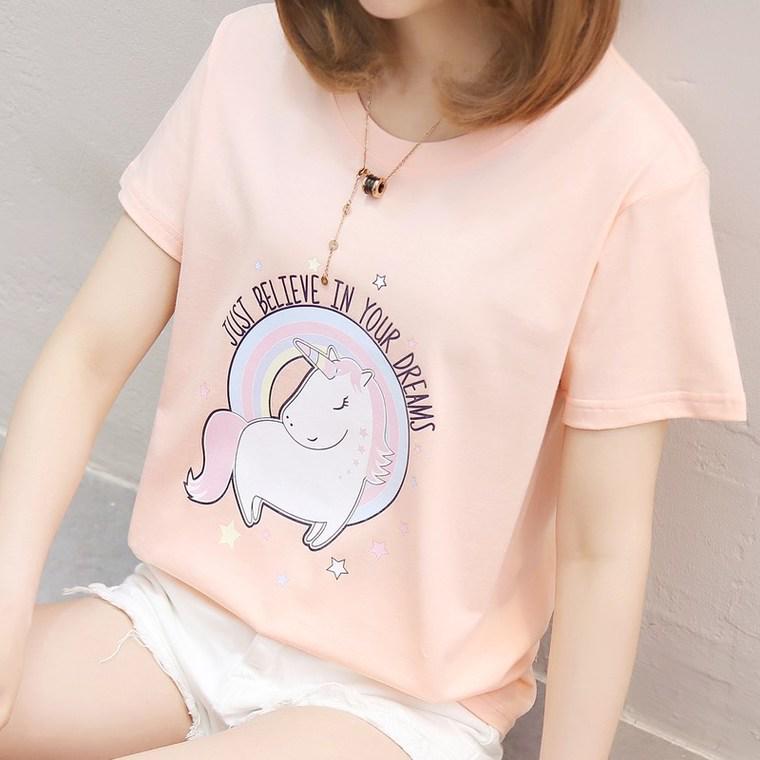 Sommer Damenmode T-Shirt Einhorn Japan Harajuku Stil Kurzarm Rundhals Freizeit