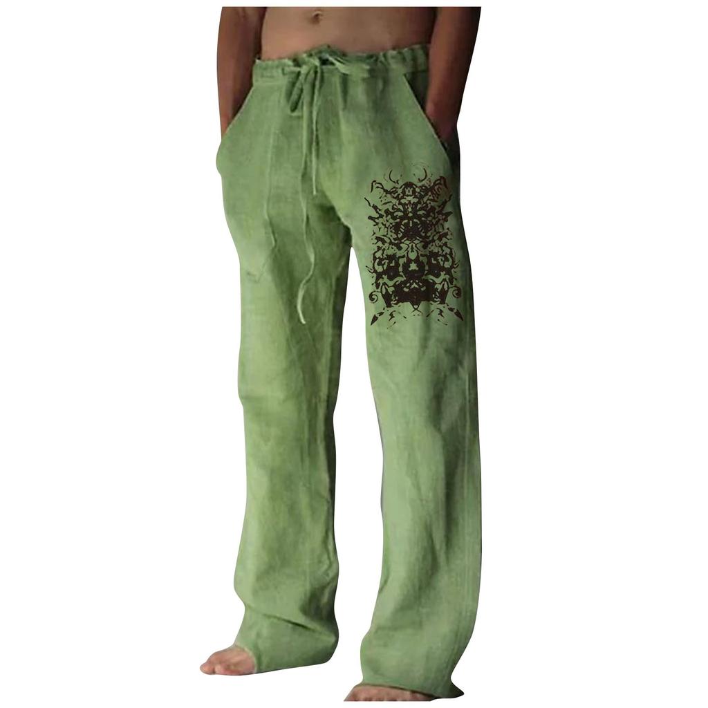 Men's Loose Casual Color Cotton Linen Trousers Elastic Tie Printed Straight Pants