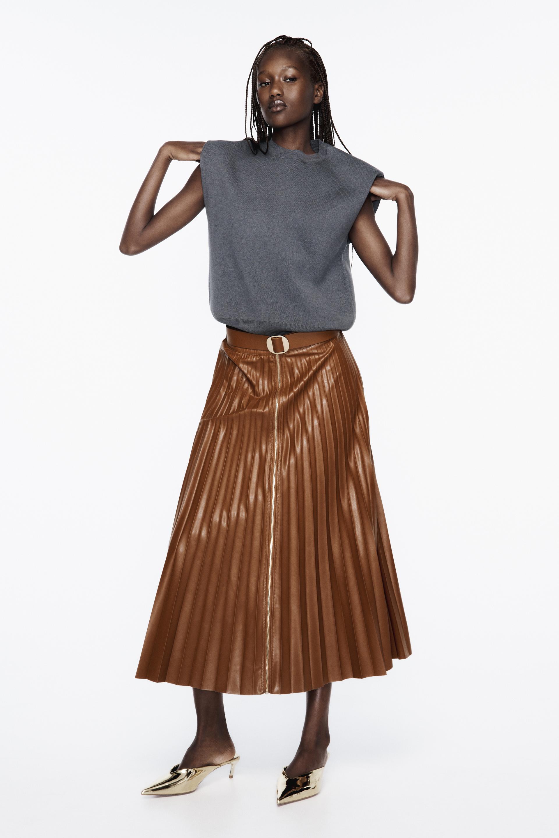 

PLEATED FAUX LEATHER MIDI SKIRT WITH BELT