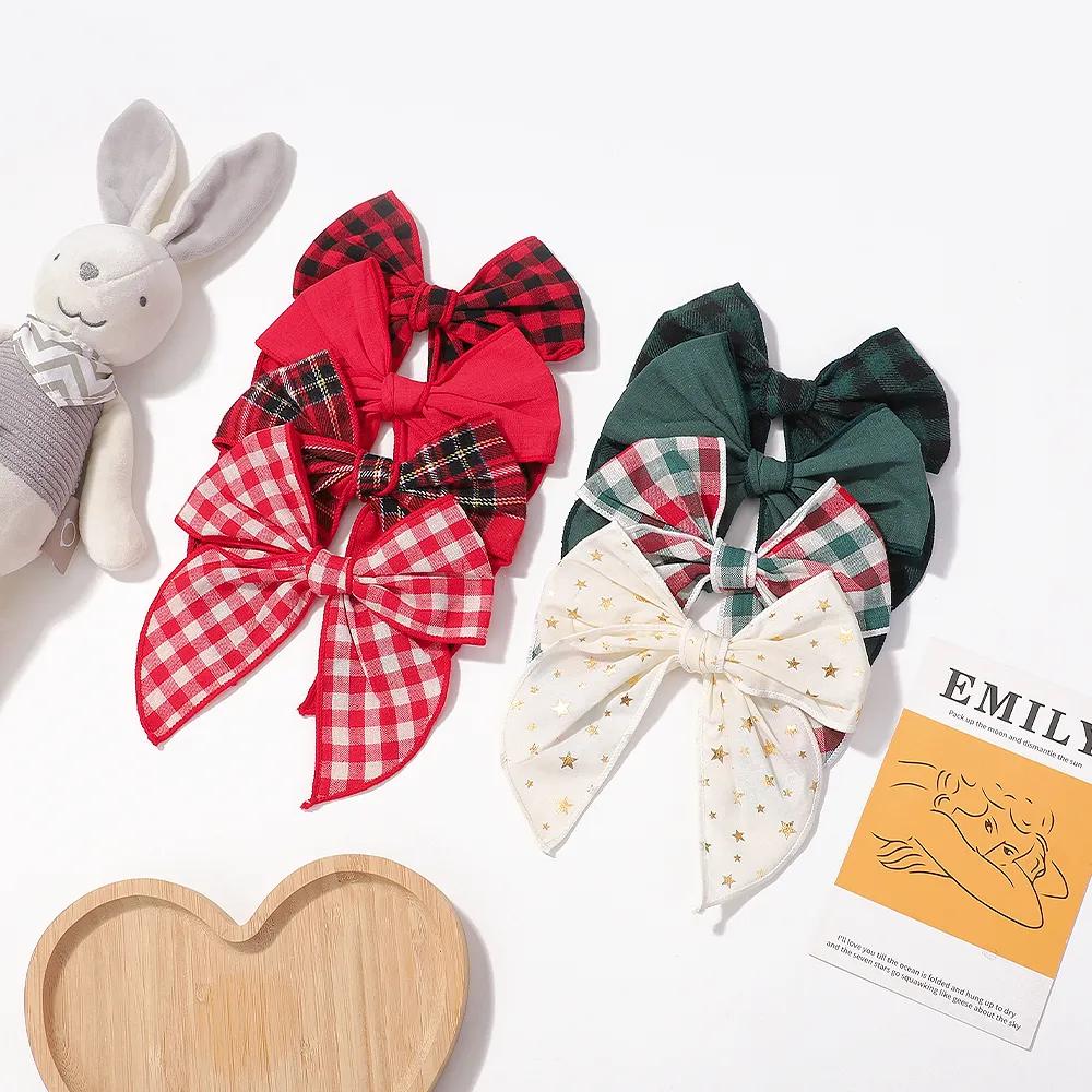 1 Stück 5,7 Zoll Cheer Schleife Haarnadel Klassisches Karomuster Weihnachtsfarbe Stoff Haarspangen Handgefertigt für Kinder Baby Mädchen Haarschmuck