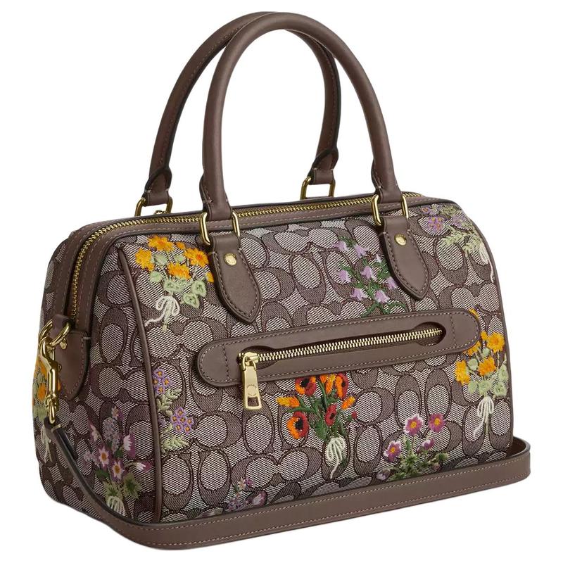 Coach Borsa Boston ricamata floreale Rowan 25 tessuto jacquard e pelle borsa a mano media da donna colore quercia