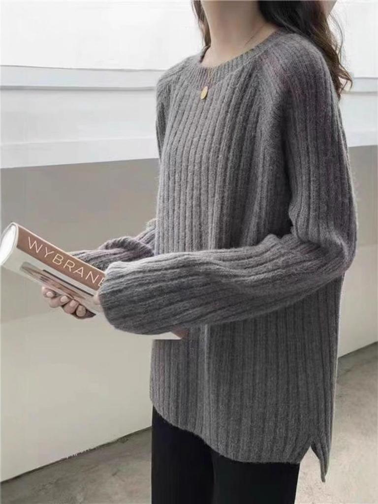 Women's Medium Length Knitted Wool Cardigan - Autumn/Winter Round Neck, Thick, Solid Color, Loose Fit