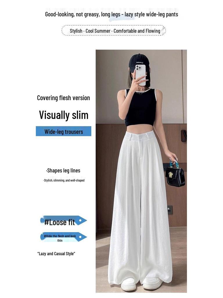 Women's Summer Wide-Leg High Waist Pants with Draped Silk Scarf Belt