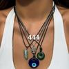 5 Stück Ethnischer Friedensschnallen Blauer Türkischer Glücksaugen Anhänger Choker Halskette für Frauen Vintage Stein Leder Wachsfaden Kette Schmuck