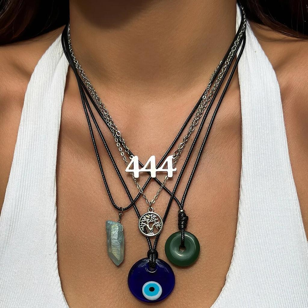 5 Stück Ethnischer Friedensschnallen Blauer Türkischer Glücksaugen Anhänger Choker Halskette für Frauen Vintage Stein Leder Wachsfaden Kette Schmuck