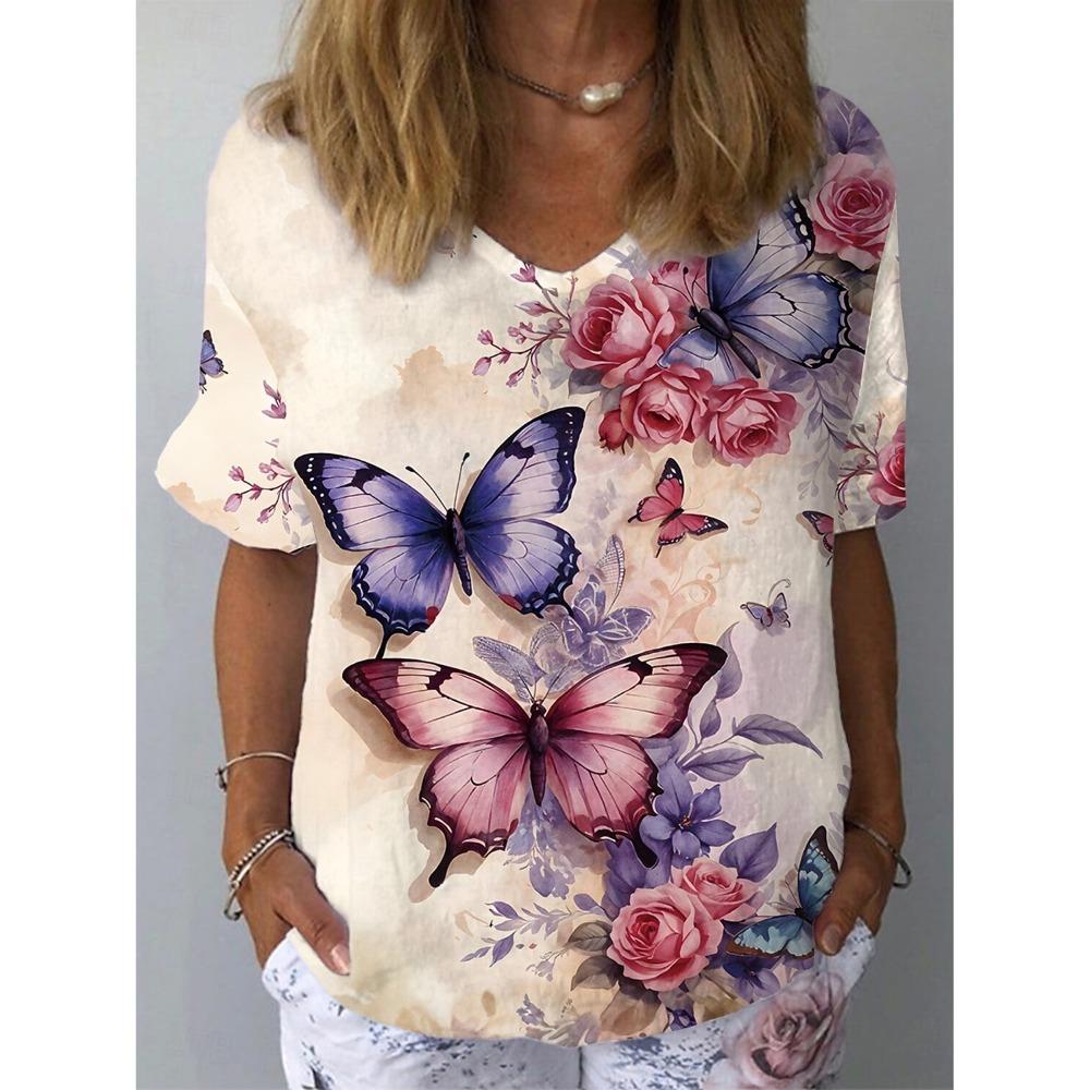 Women's Trendy T-Shirt Flower Graphics Fashion Short Sleeved V-Neck Regular Tops Daily Prints Tee 2025 Summer Y2K Casual Tops