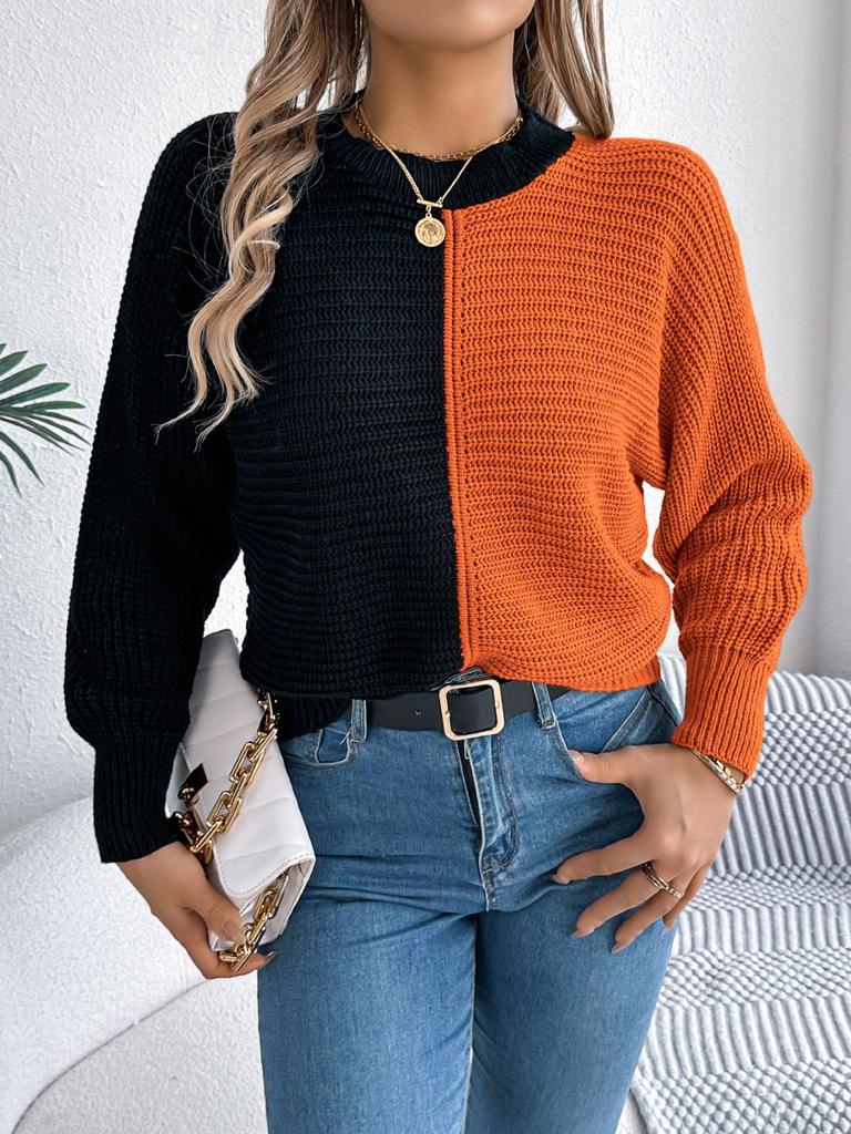 Women's Fashion Casual Loose Contrast Raglan Sleeve Sweater Long Sleeve Pullover Top