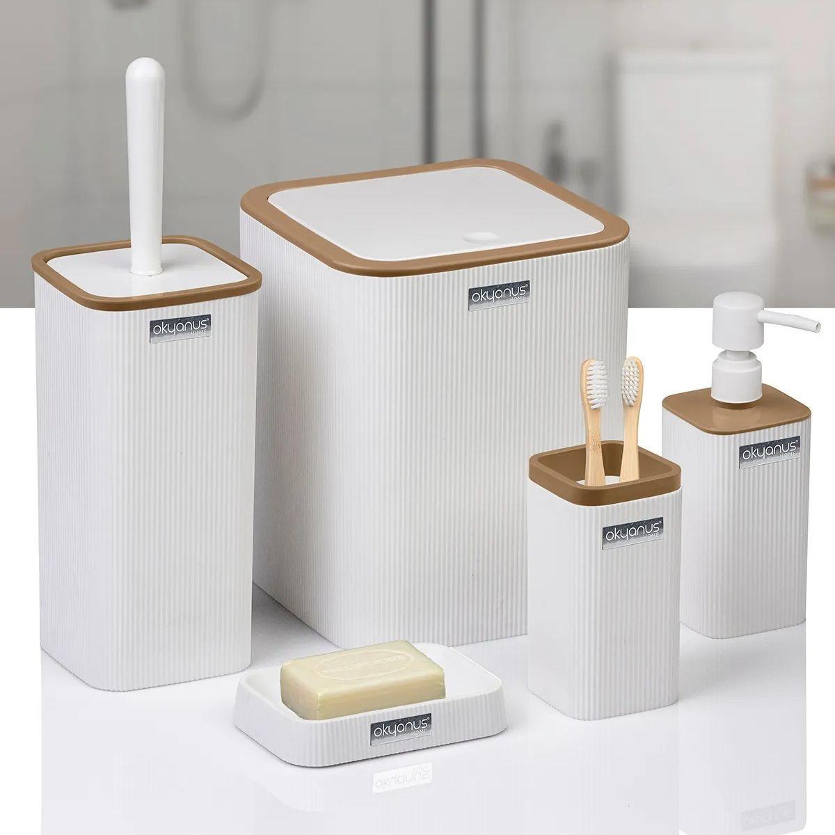

5 Pieces Black and White Striped Bathroom Set Trash Can Toothbrush Holder Soap Dish Brush Holder Set Bathroom Accessory Set and Organizer