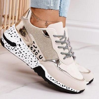 Large Size Single Shoes Women's Platform Leopard Print Color Matching Lace-up Casual Sports Shoes