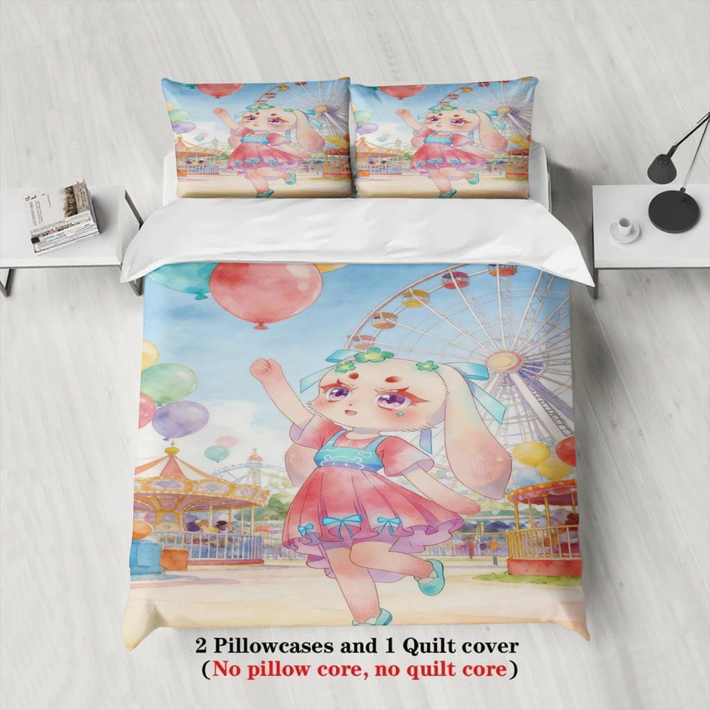 Softville Cozy Town 3PCS Bedding Sets Lop Rabbit In Amusement Park Printed Duvet Cover No Filling Cartoon Style Queen King Size