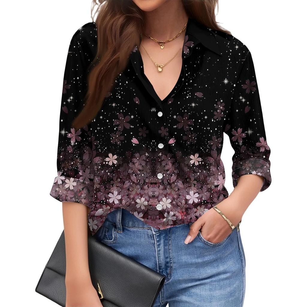 Women's Fashionable Casual Loose Floral Print Long,sleeved Shirt