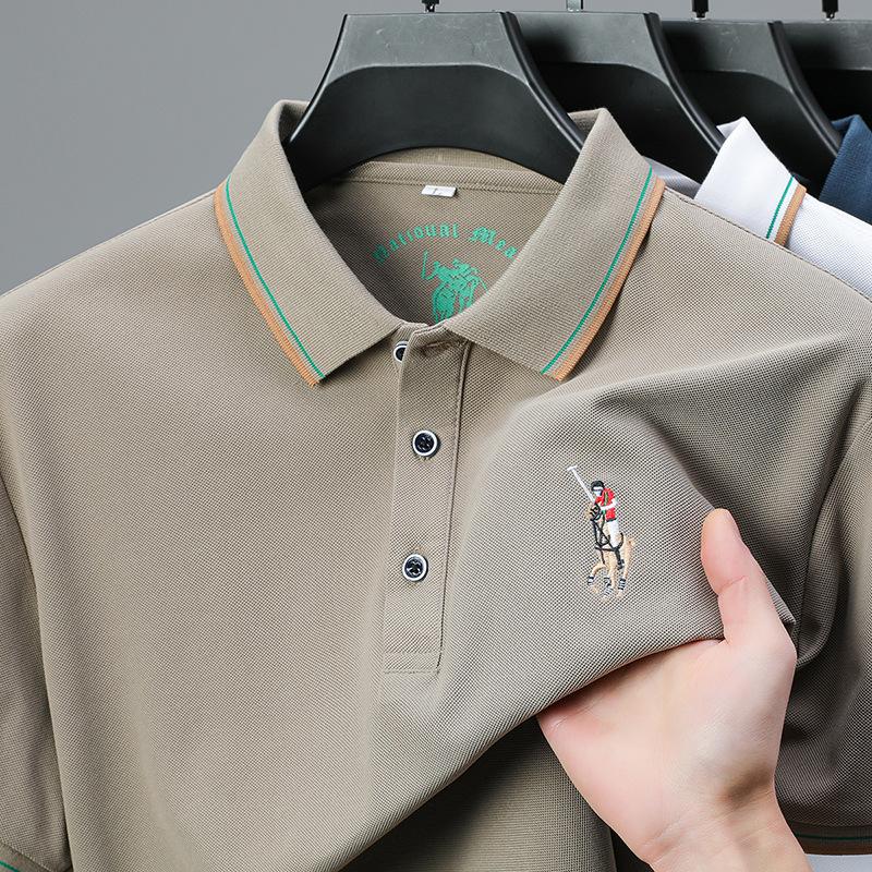 

Мужская рубашка поло Ice Silk с короткими рукавами, воротник-лацкан, классическая вышитая дышащая свободная футболка 4XL