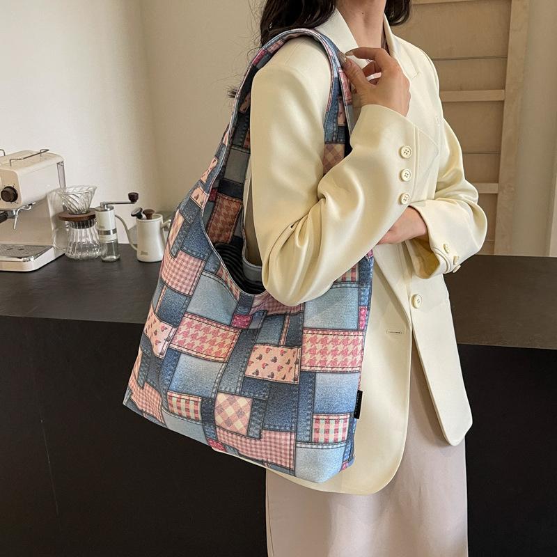 Block Color Tote Bag Women's Large Capacity Student Class Bag Simple Crossbody Portable Underarm Bag