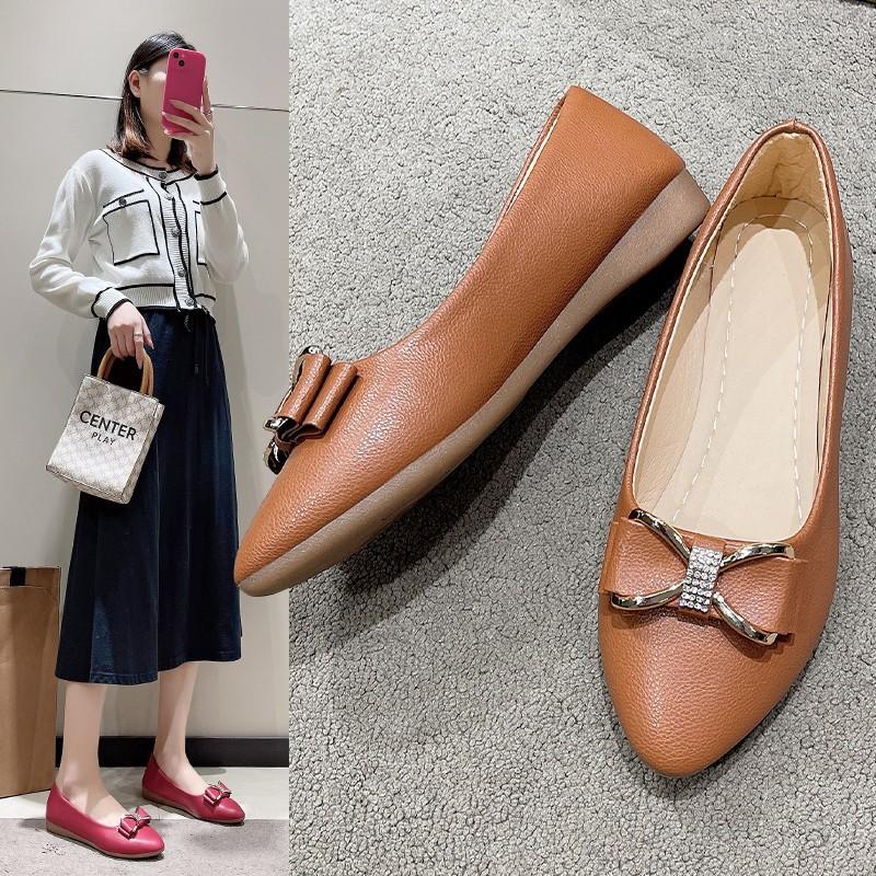 Korean Spring and Summer Fashion Women's Shoes Bowknot Bean Shallow Mouth Pointed Toe Low Heel Flat Bottom Rhinestone Single Shoes