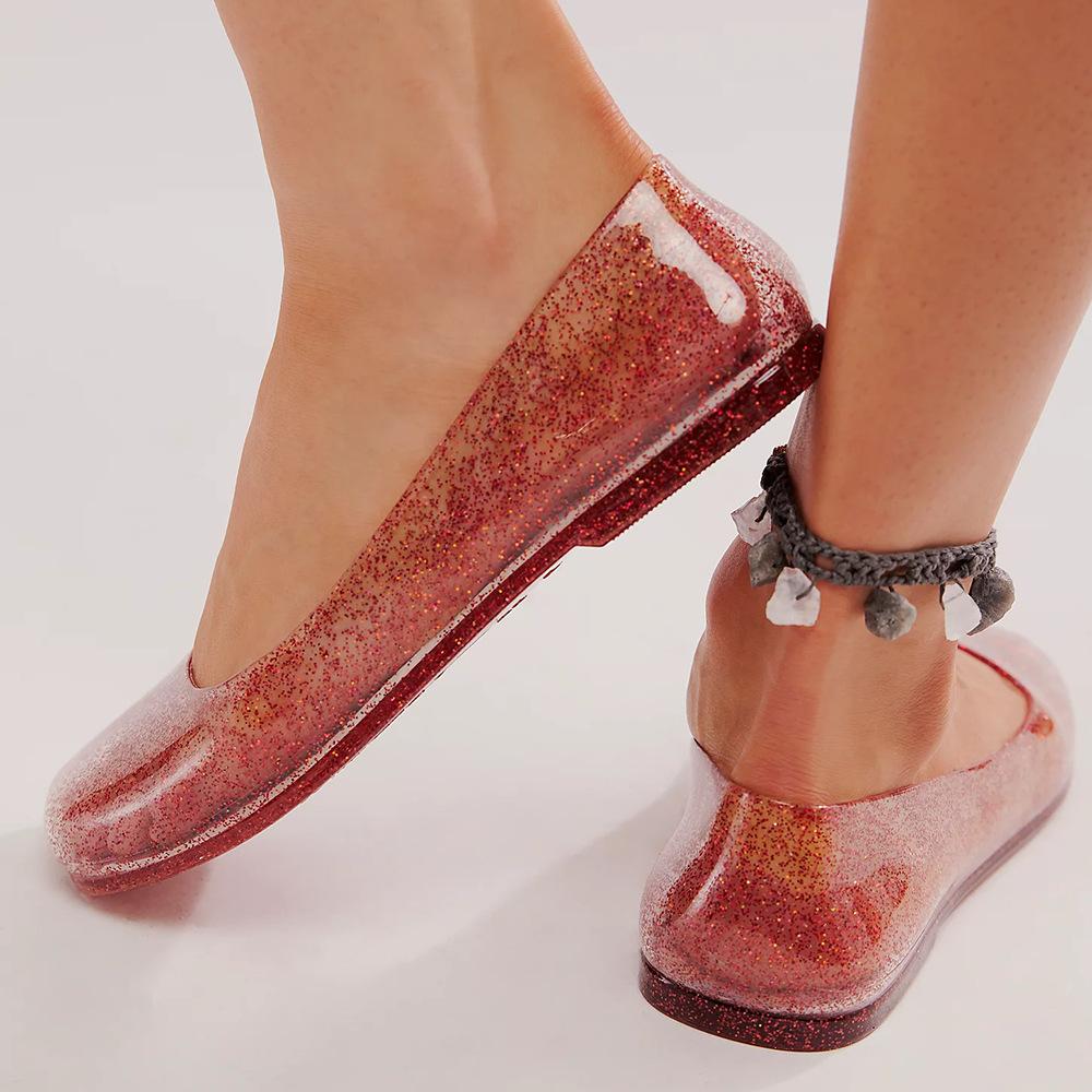 Fashion Leisure Jelly Shoes Woman Summer Flat Sandals Soft PVC Bling Transparent Color Square Toe Female Home Street Flats Big Size 42