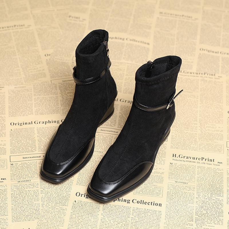 Slope Heel Short Boots Women's Autumn and Winter New Fashion Suede Elastic Thin Boots Belt Buckle High Heel Boots