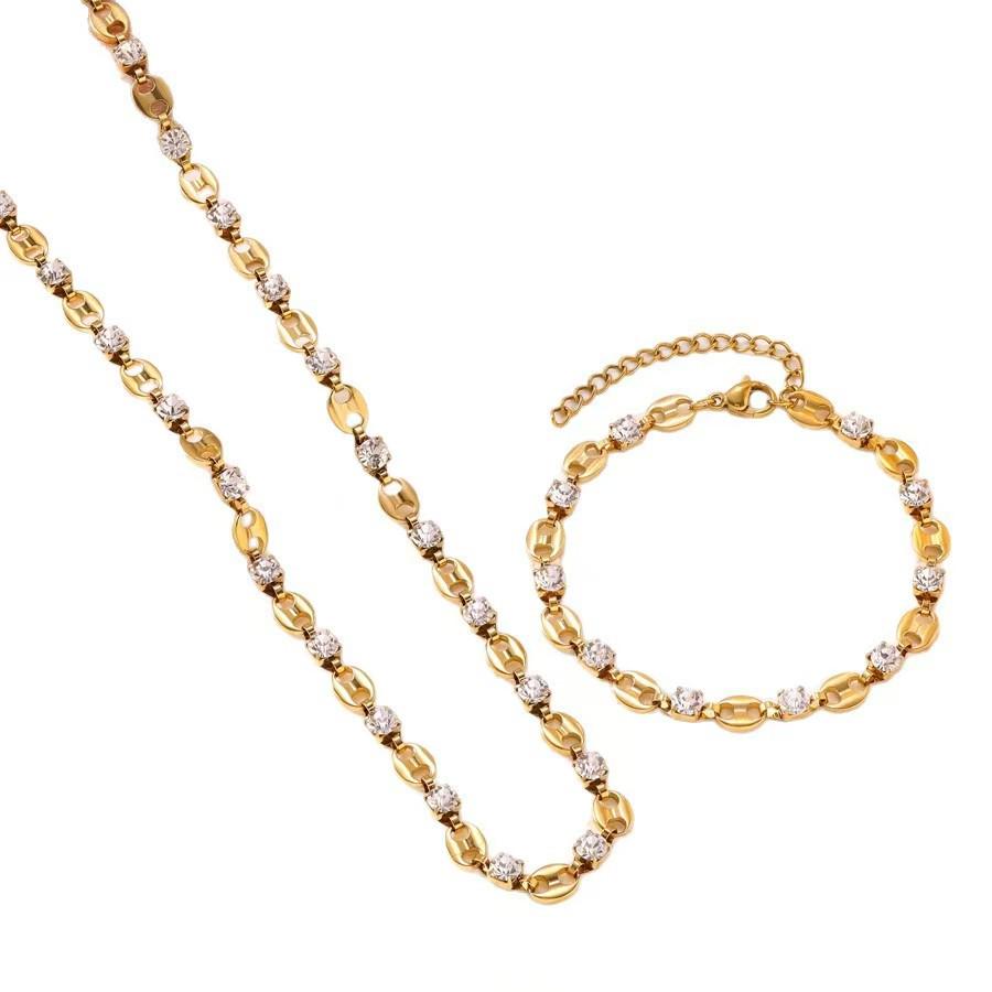 Rhinestone-Embellished Titanium Steel Jewelry Set: 18K Gold Necklace, Bracelet & Earrings for Women