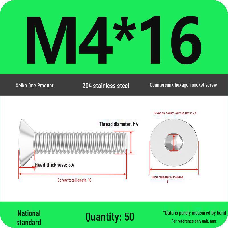 M2-M10 Stainless Steel Flat Head Machine Screws and Bolts Set, Countersunk Hex Socket Cap, 304 Grade.