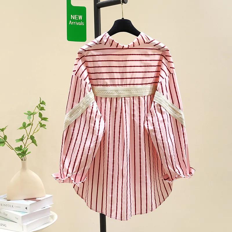 Women's Spring and Autumn Long Sleeved Medium Length Striped Shirt Casual Korean Loose Aging Shirt