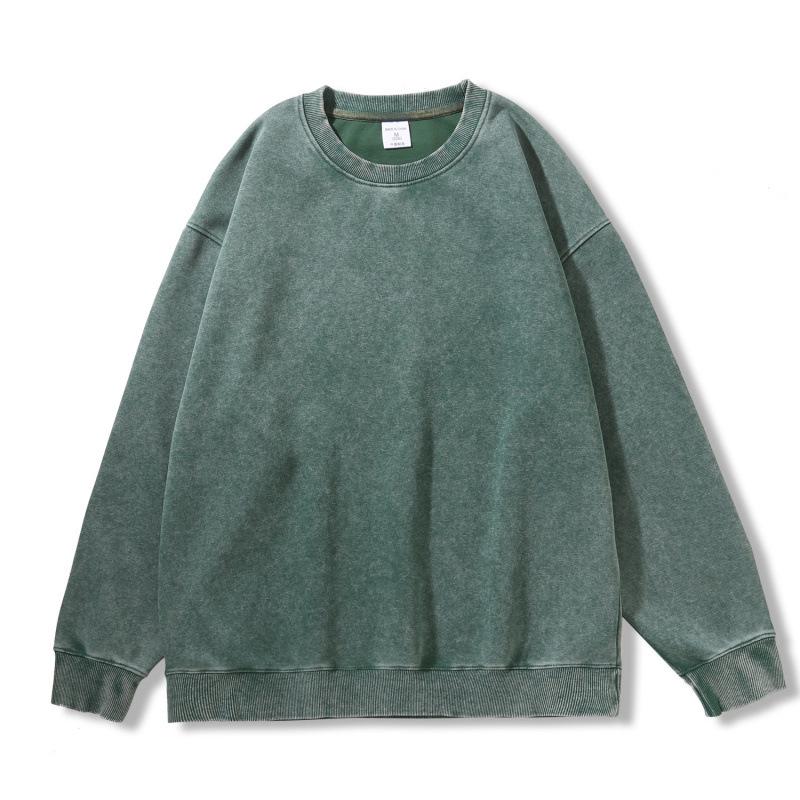 New 350g heavy-weight distressed round neck sweatshirt with snowflake print, European and American loose fit, long-sleeved