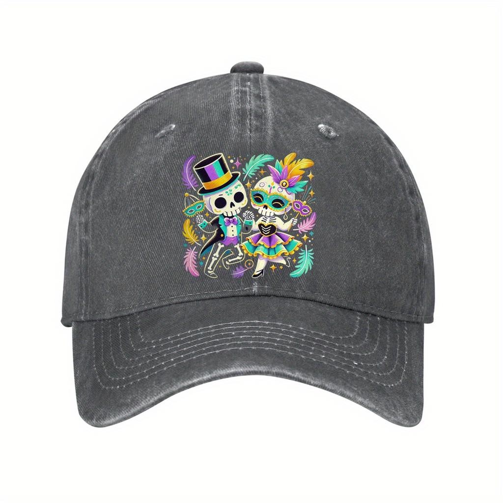 Mardi Gras Skeleton Couple Dancing Baseball Cap Adjustable Cotton Dad Hat Festive Graphic Casual Unisex Cap