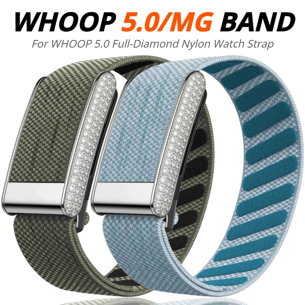 Diamond-Embedded For WHOOP 5.0 Straps Nylon Woven Elastic Casual Wristband with Full-Diamond Bright Silver Metal U-Frame for Whoop 5.0 MG Band