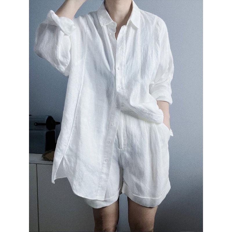Women s Summer French White Cotton Linen Sun Protection Shirt 3XL