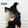Mysterious Theme Party Hat Halloween Witch Hat, Gothic Dark Wizard Costume Headpiece for Women, Spooky Velvet Cone Sweet Cool with Mesh Veil, Cosplay