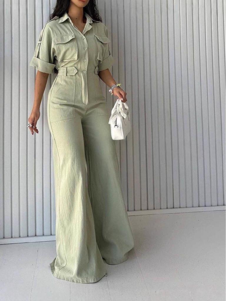 Women's Fashion Jumpsuit: New Loose-Fit, Waist-Slimming Wide-Leg Pants with Lapel Workwear Design.