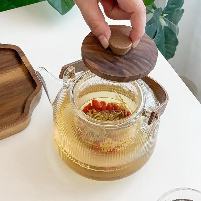 Temperature Resistant Herb Tea, Fruit Boiling Teapot, Household Cooking Integrated Wooden Handle, Glass Vertical Bubble Teapot.