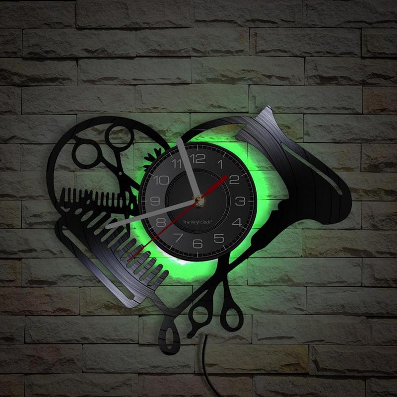 Barbershop Werkzeuge Schallplatte Wanduhr Schönheit Friseursalon Herzform Fön Schere Kamm Friseur Design Leise Uhr