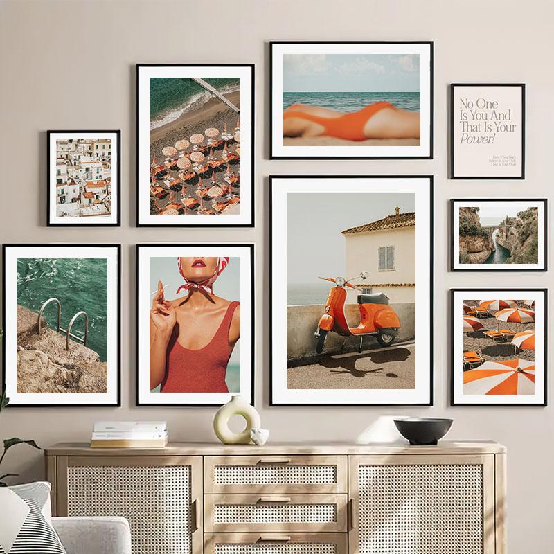 Sea Bathing Beach Girl Fruit Juice Nordic Landscape Posters Wall Art Canvas Painting Hotel Gallery Pictures Of Living Room Decor