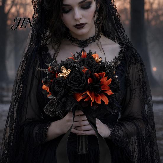 Faux Flower Bouquet Gothic Style Wedding Bouquets for Bride And Bridesmaid, Artificial Halloween Bouquet, Cobweb Arrangement Black Rose Blooms