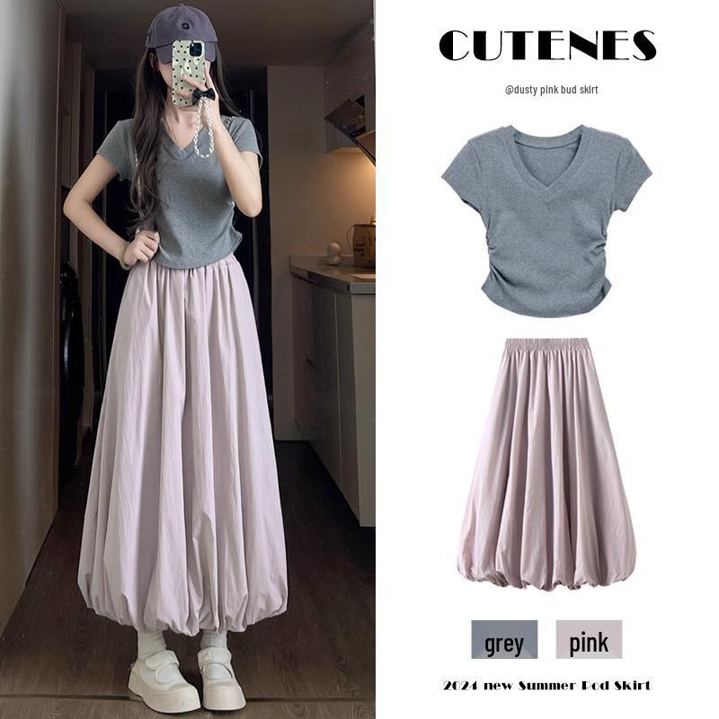 

Women s A-line High Waist Mid-Length Puffy Tie-Up Skirt 85 cm