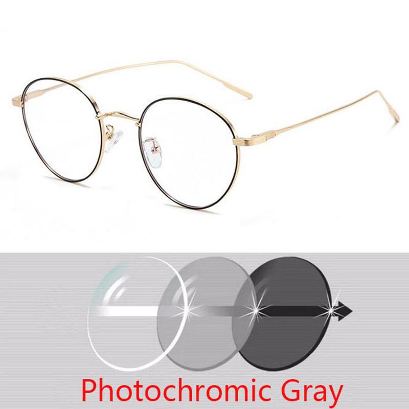 Women Round Myopia Photochromic Prescription Spectacles Metal Anti Blue Light Nearsighted Glasses Diopter 0 -0.5 -0.75 To -6.0