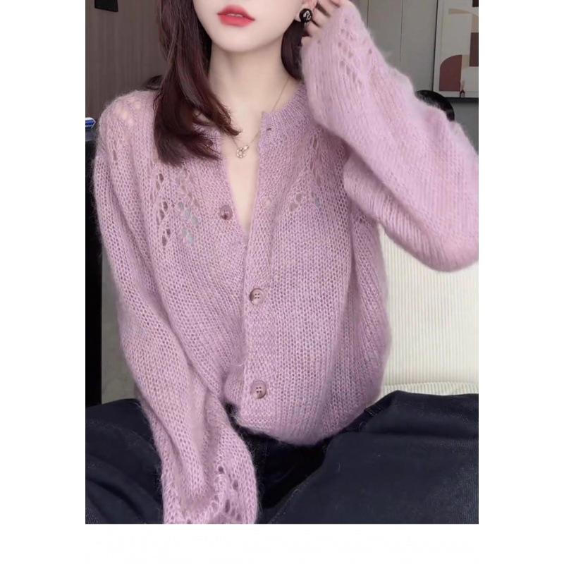 2024 Autumn/Winter Ladies' Pink Hollow Knit Sweater: Long Sleeve Wool Top