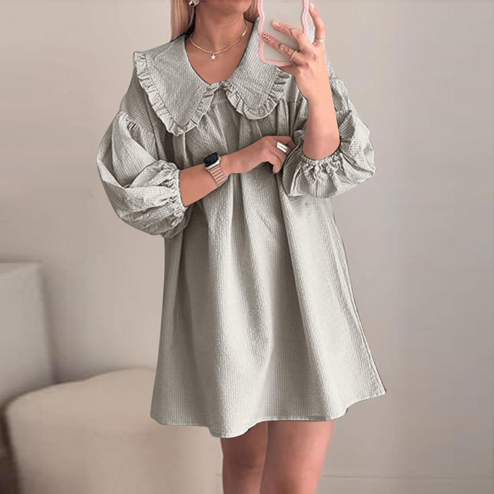 

Женское платье-бэбидолл с рукавами-фонариками 3/4, клетчатое платье с отворотом и воротником-куколкой, свободное платье L светло-серый