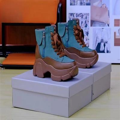 Fashion Ladies Shoes Mid Calf with Laces Chunky Punk Style Half High Combat Lace-up Leather Platform Women's Snow Boots Suede Plus Warm