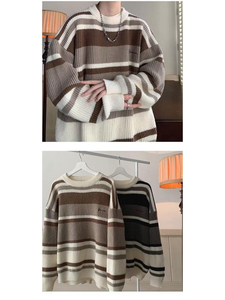 Men's Japanese Retro Striped Contrast Color Thick Loose Knitted Sweater Jacket for Autumn and Winter
