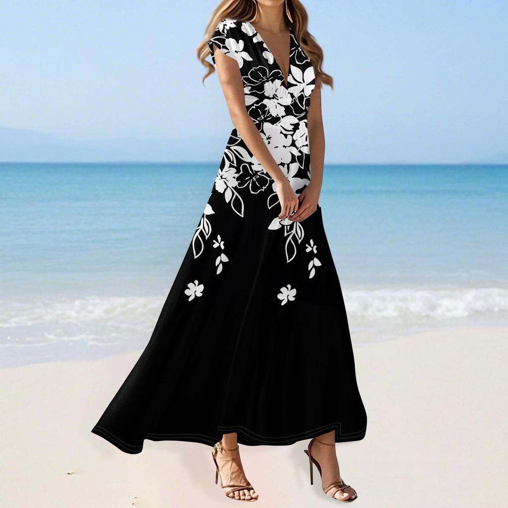 Maxi Dress For Womens High Waiste Deep V Neck Dress Printed Dresses Beach Flowy Dress Retro Summer Dresses