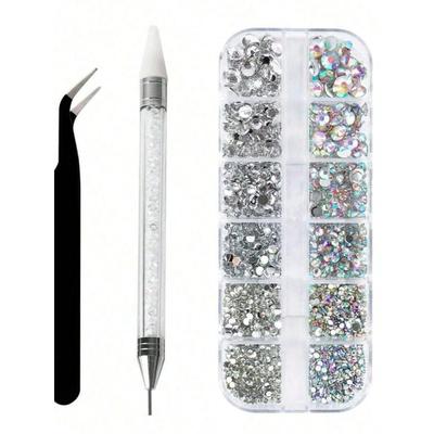 12 Fächer 6 Größen Klare Strasssteine Flachrückseite Glänzende Kristall-Nagelkunst-Edelsteine Mit Pinzette Und Strasssteinsammler Punktierstift Nagelkunst-Werkzeuge